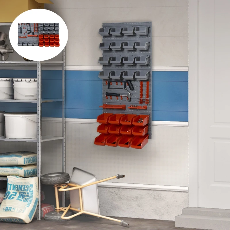 DURHAND 44 Piece Wall Mounted Tool Rack Organiser Storage Bins and Panel Set with Shelf Hook Screws Accessories Red