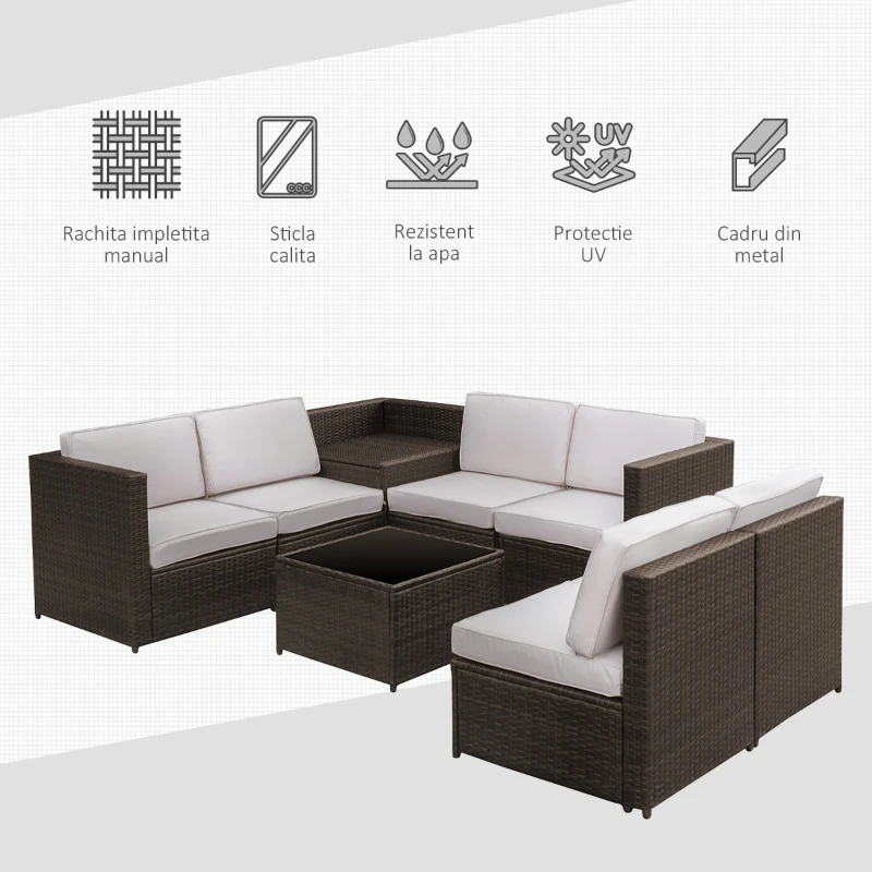 Outsunny Set Mobilier de Extern Canapea Componibila 8 Bucati in PE Rattan, Maro