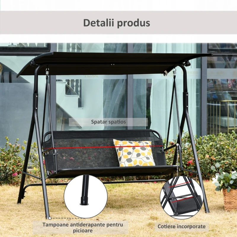 Outsunny Leagan de Gradina cu 3 Locuri cu Acoperis Parasolar Reglabil Negru 172x110x155cm(m-5)