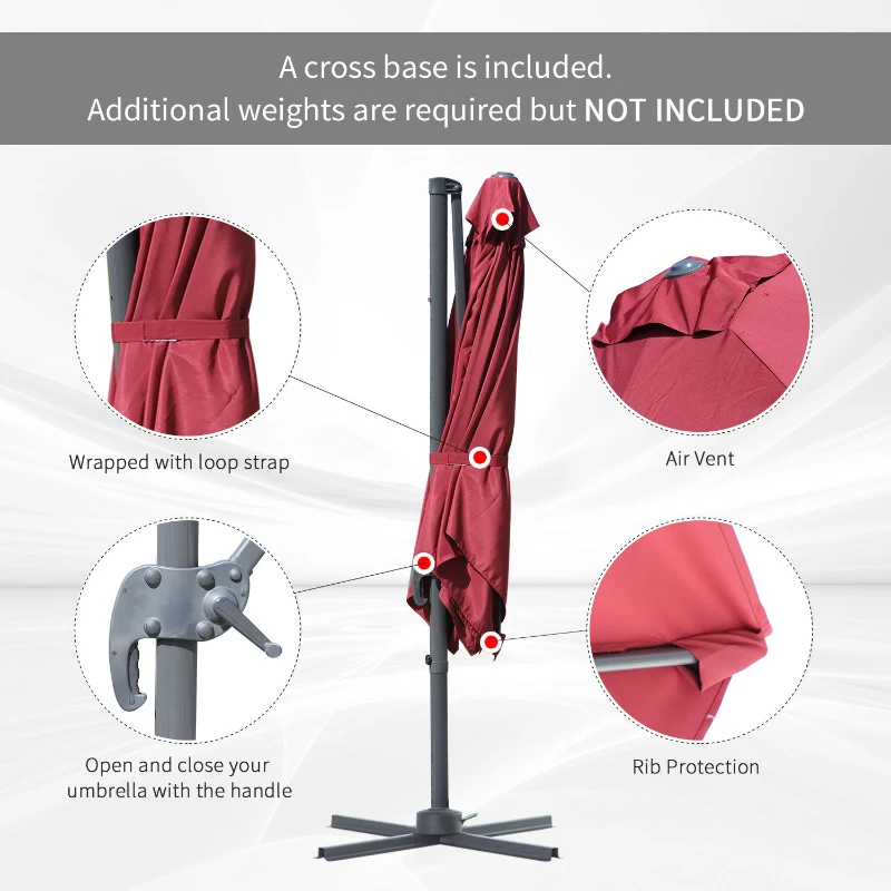 Outsunny 2.5 x 2.5m Patio Offset Parasol Umbrella Cantilever Hanging Aluminium Sun Shade Canopy Shelter 360° Rotation with Crank Handle and Cross Base, Wine Red