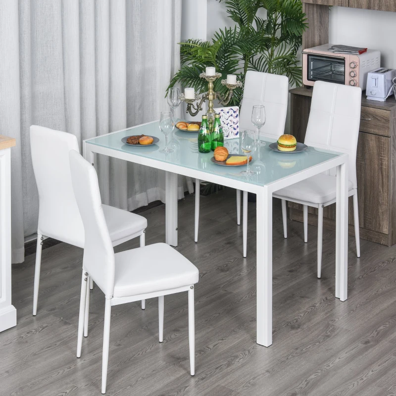 Homcom Set Dining Alb Modern – Masa + 4 Scaune Tapitate pentru 4 Persoane