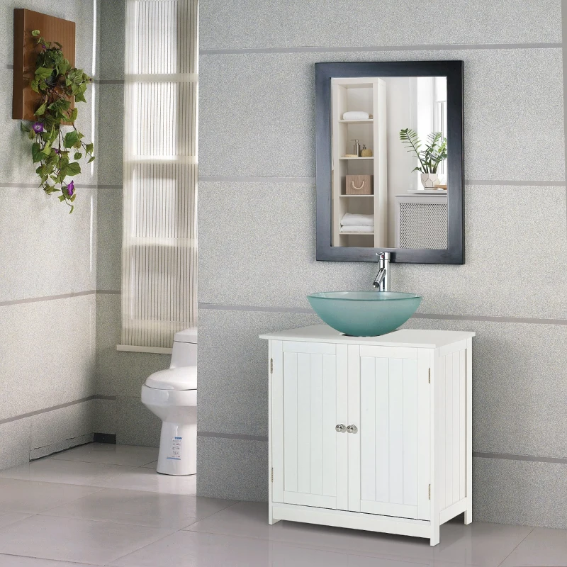 HOMCOM Masca pentru Chiuveta, din MDF Alb, pentru Baie cu 2 Usi 60x30x60cm(m-10)