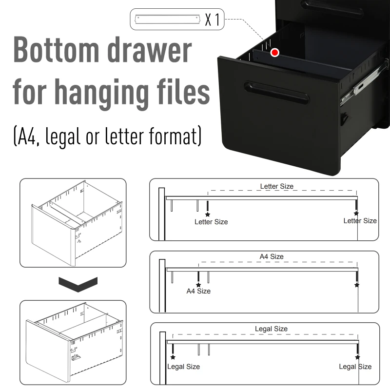 Vinsetto Lockable File Cabinet with 3 Drawers, Vertical Office Drawer for A4, Letter, Legal Size, Anti-tilt Design, Pre-Assembled Body, Black