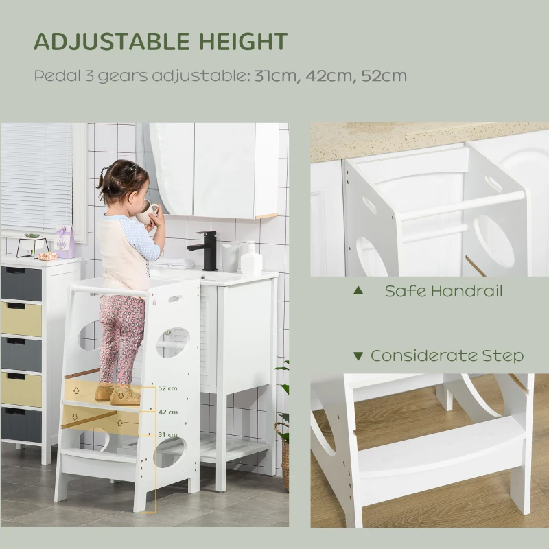 HOMCOM Toddler Step Stool Kids Adjustable Standing Tower with Safety Rail for Kitchen Counter White(m-4)