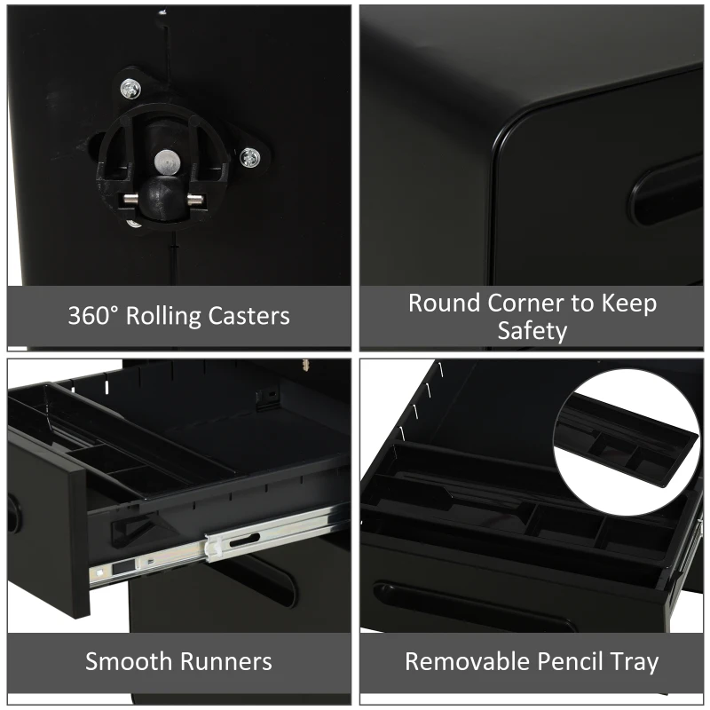 Vinsetto Lockable File Cabinet with 3 Drawers, Vertical Office Drawer for A4, Letter, Legal Size, Anti-tilt Design, Pre-Assembled Body, Black