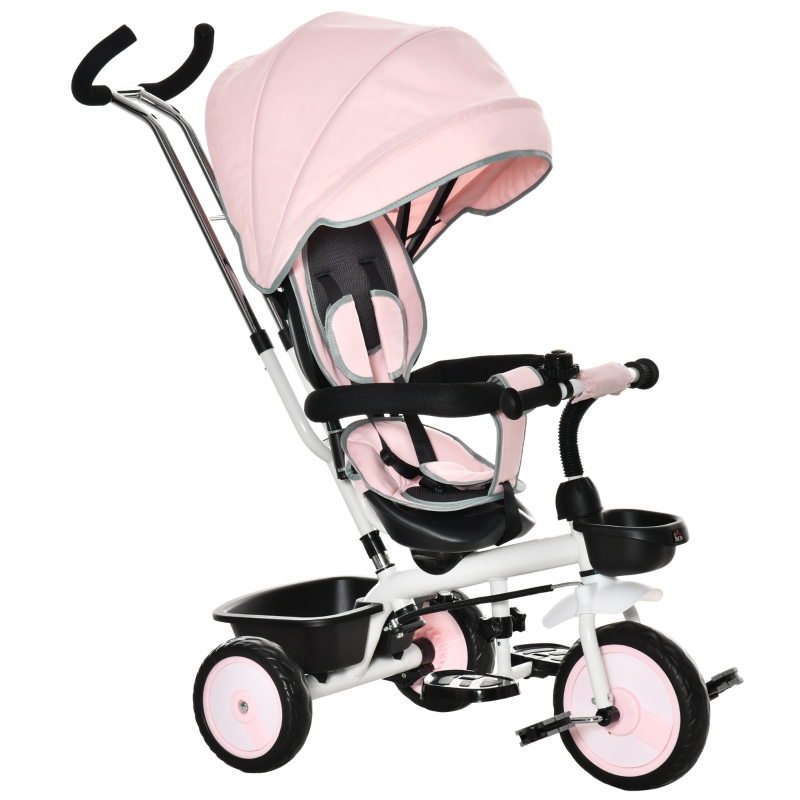 HOMCOM 6 in 1 Baby Tricycle Toddler Stroller Pedal Tricycle w/ Reversible Seat Adjustable Removable Handle Canopy Handrail Belt Storage Footrest Clutch for 1-5 Years Old Pink