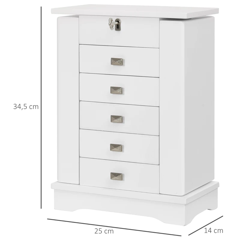 HOMCOM Tabletop Jewelry Box Organizer with Mirror, 6 Slots, Necklace Ring Earring Armoire Cabinet, Lockable Gift for Girls or Women, White