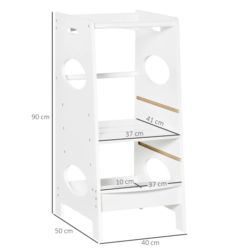 HOMCOM Toddler Step Stool Kids Adjustable Standing Tower with Safety Rail for Kitchen Counter White(m-3)