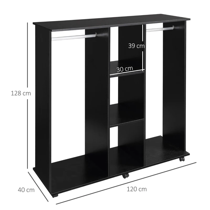 Homcom Dulap Mobil cu Roti, 5 Rafturi & Barna Umeras 120x40x128 cm – Negru