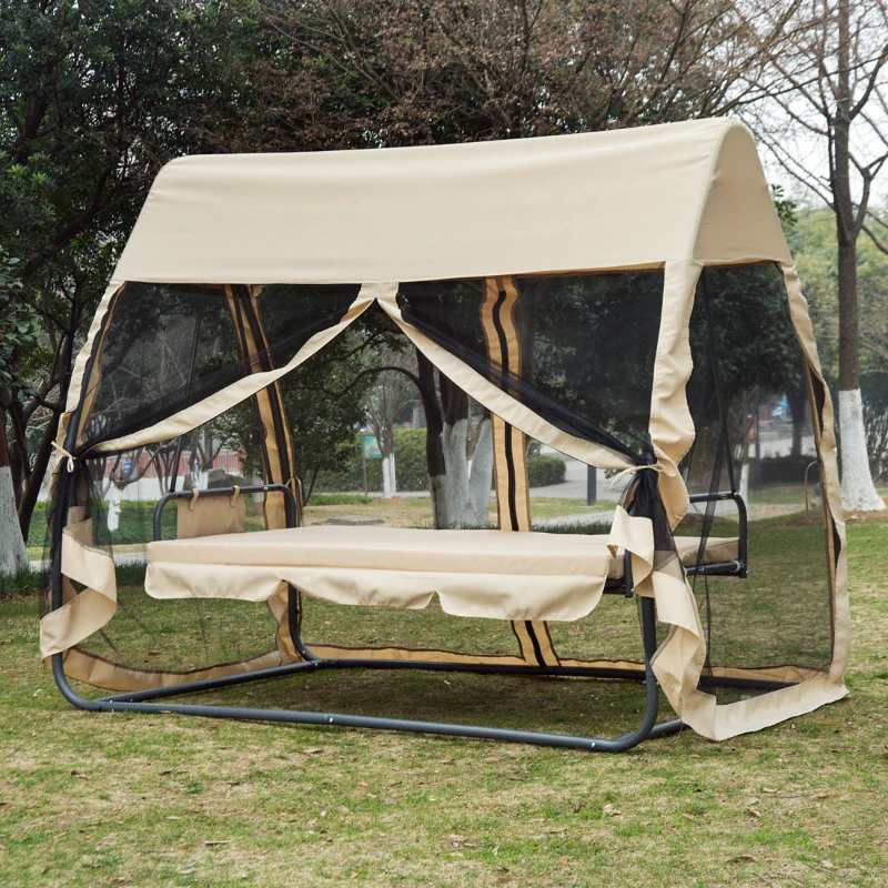 Outsunny Balansor Pat cu 3 locuri si Plasa de tantari, culoare Coffee