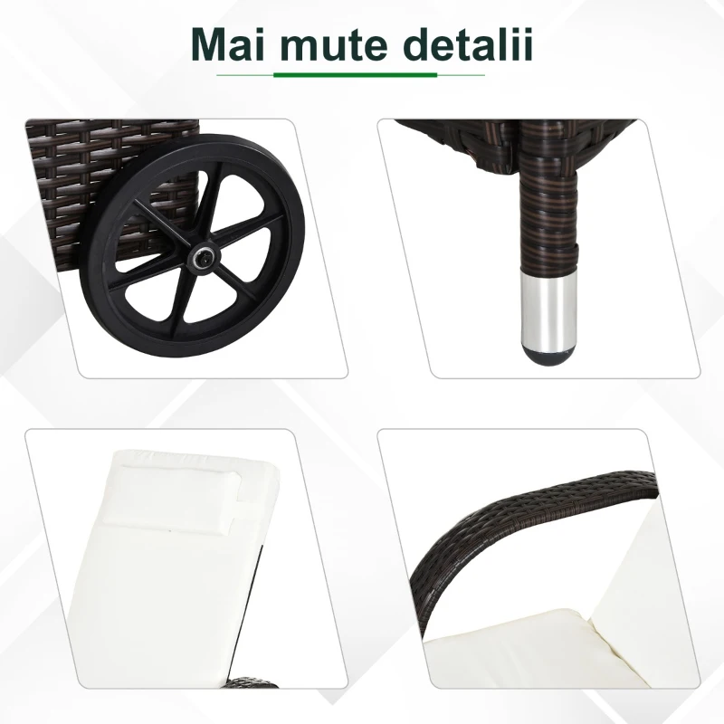 Outsunny Set in Rattan 2 Sezlonguri Scaune Rabatabile Captusite cu Roti si Masuta, Maro