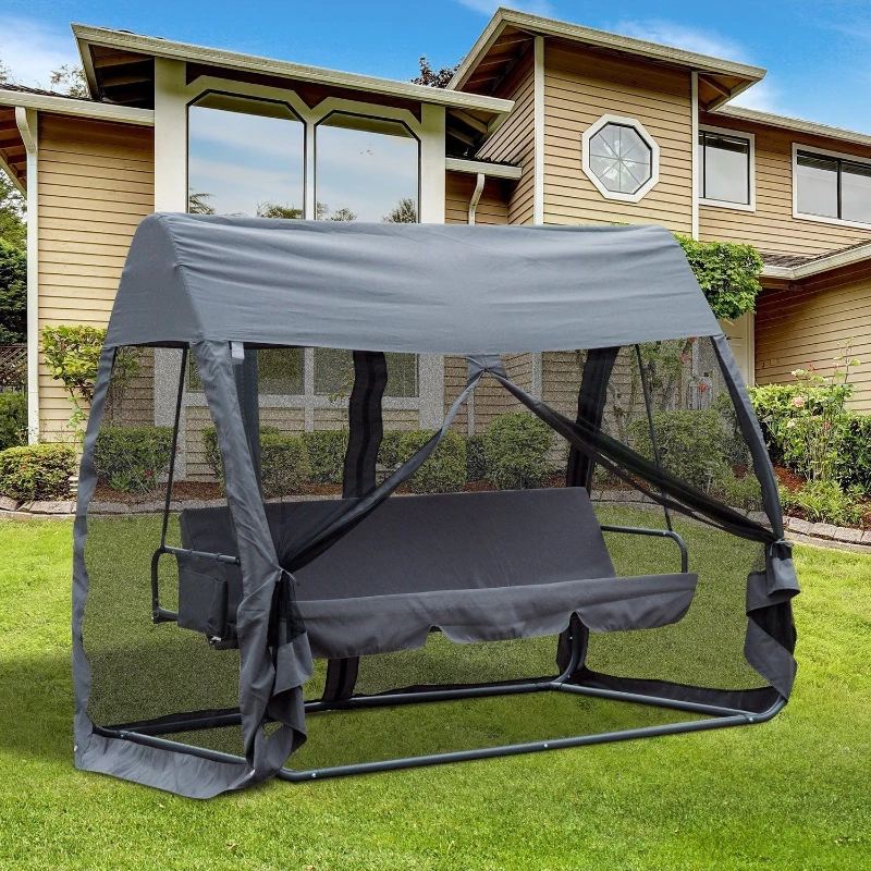 Outsunny Leagan de Gradina cu Plasa de Tantari si Perna, Gri, Fier, 240x140x197cm