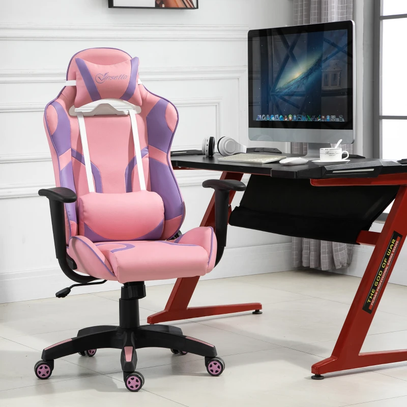 Vinsetto Racing Gaming Chair Faux Leather Adjustable Height Recliner with Wheels, Headrest, Lumbar Support Home Office, Pink and Purple