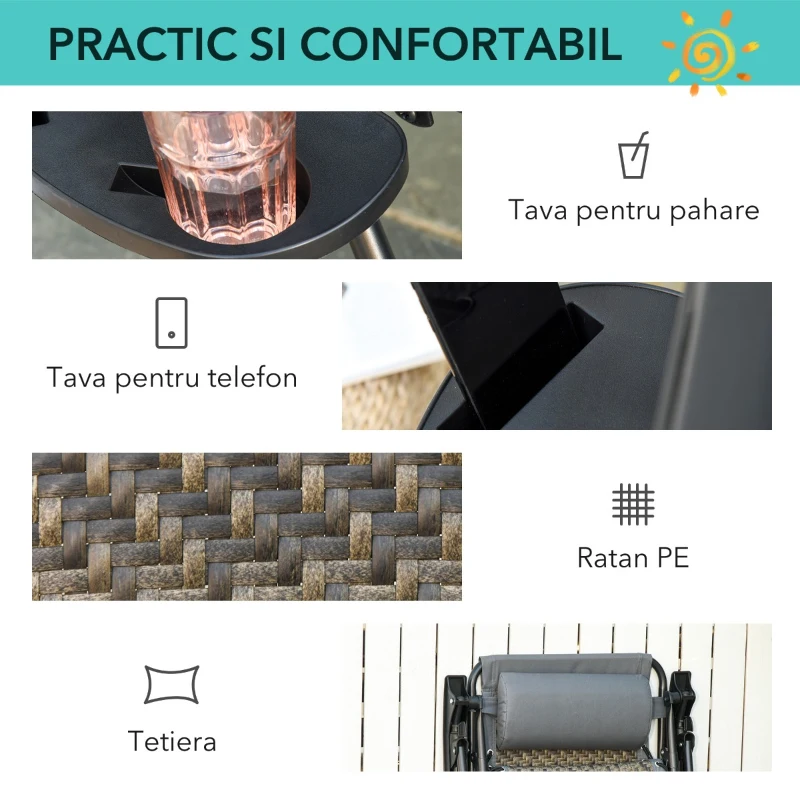 Outsunny Sezlong pentru a face plaja pentru Gradina Pliabil din Rattan si Otel