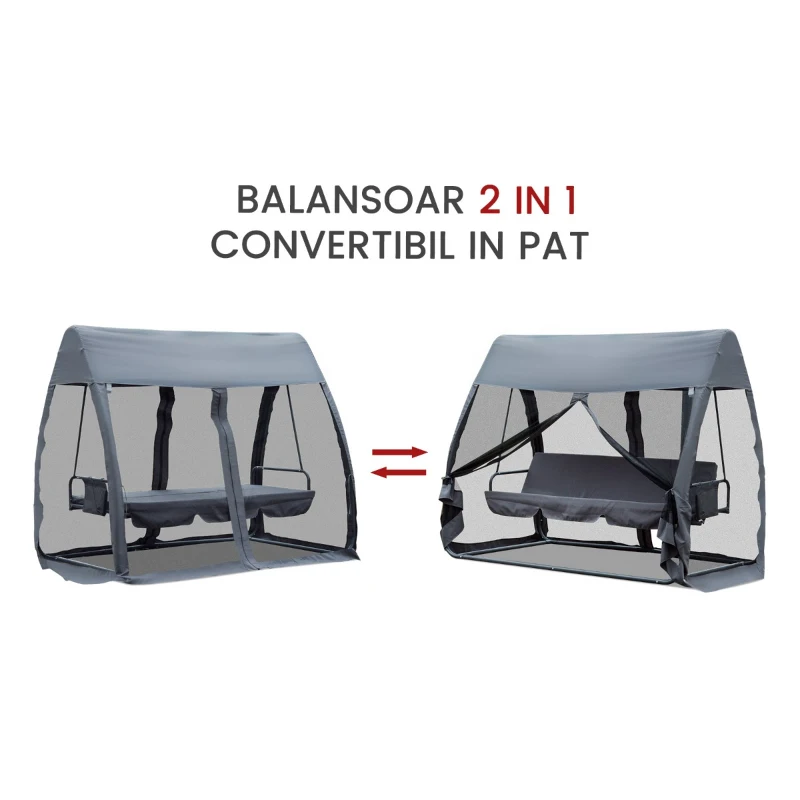 Outsunny Leagan de Gradina cu Plasa de Tantari si Perna, Gri, Fier, 240x140x197cm