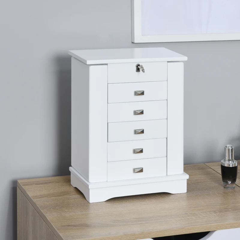 HOMCOM Tabletop Jewelry Box Organizer with Mirror, 6 Slots, Necklace Ring Earring Armoire Cabinet, Lockable Gift for Girls or Women, White