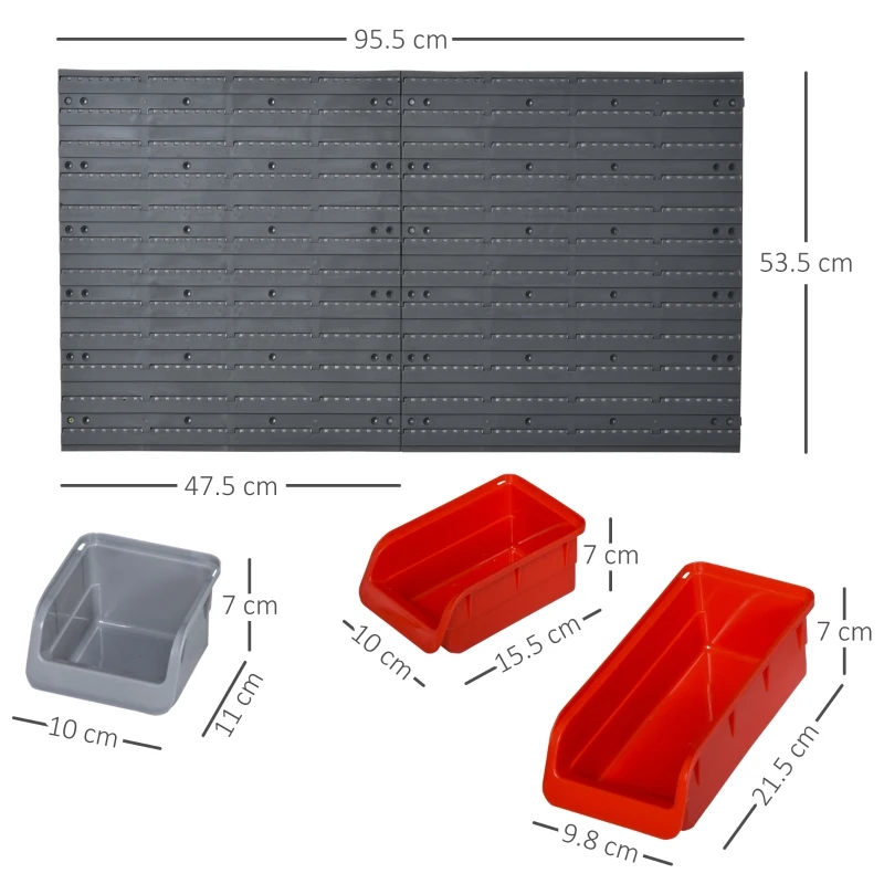 DURHAND 44 Piece Wall Mounted Tool Rack Organiser Storage Bins and Panel Set with Shelf Hook Screws Accessories Red