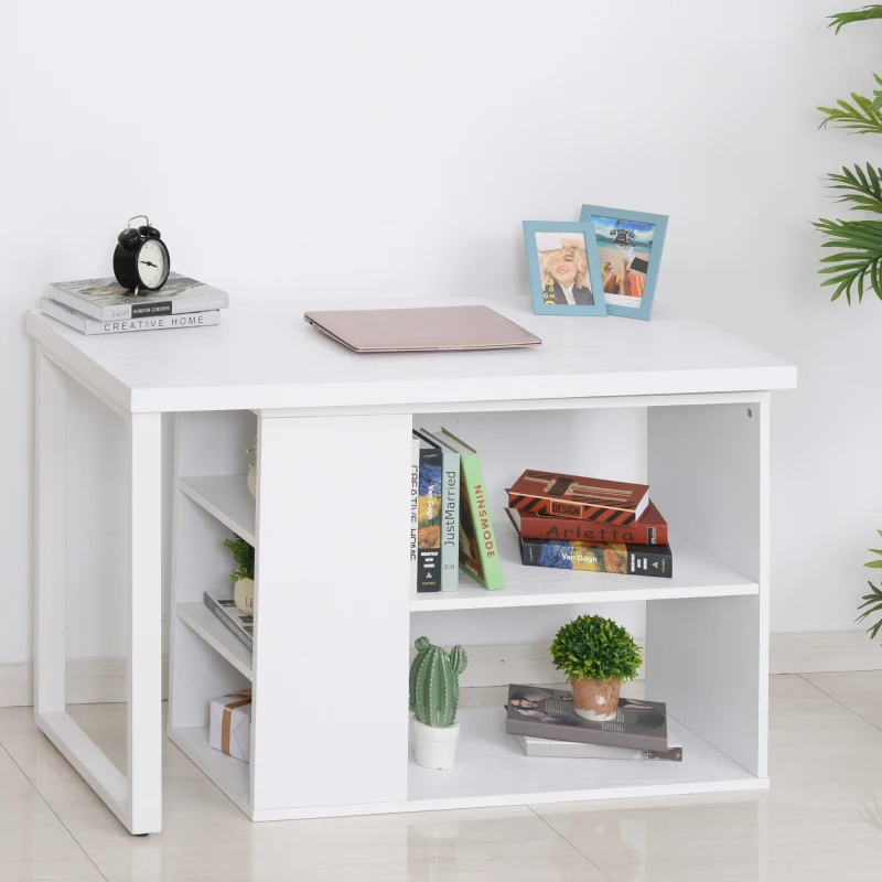 HOMCOM Escritorio de Esquina Multifuncional Mesa de Ordenador en Forma de L Giratorio 360 Grados con Estantes Baldas Patas Metálicas 120x108x76 cm Blanco