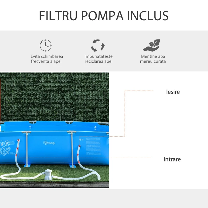 Outsunny Piscina supraterana, Filtru/Supapa din otel/PVC, Piscina de Gradina pentru Adulti si Copii 292x190x75cm, Albastru