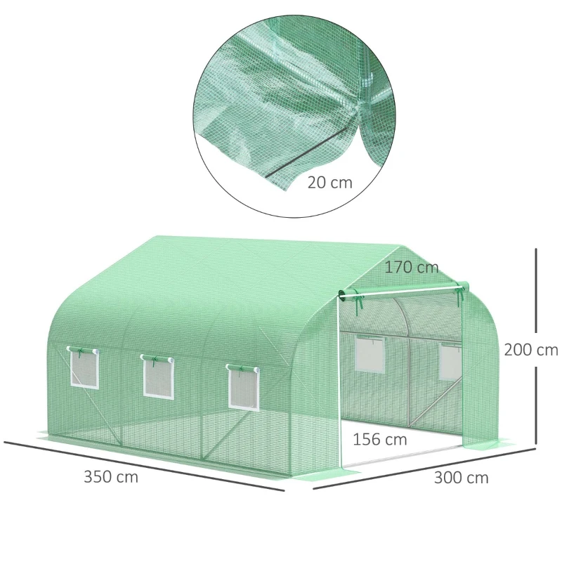 Outsunny Seră de Grădină Tunel cu Ușă Rulantă, 6 Ferestre și Acoperiș Învelit PE pentru Plante, 3,5x3x2 m, Verde(m-3)