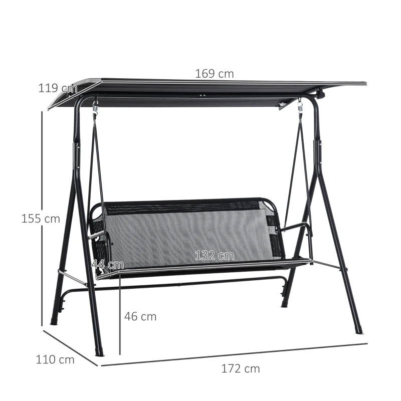 Outsunny Leagan de Gradina cu 3 Locuri cu Acoperis Parasolar Reglabil Negru 172x110x155cm(m-3)