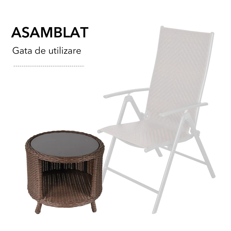 Outsunny Masuta de Gradina cu Compartiment de Depozitare Ratan PE si Raft din Sticla