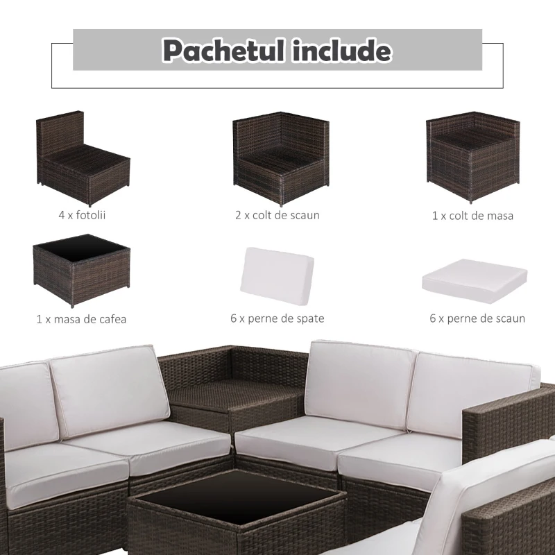 Outsunny Set Mobilier de Extern Canapea Componibila 8 Bucati in PE Rattan, Maro