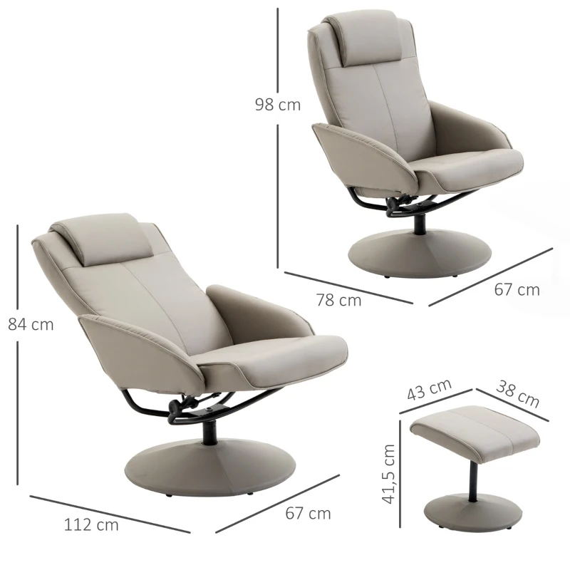 HOMCOM fotoliu cu taburet, din piele sintetica, 98x78x67 cm, gri