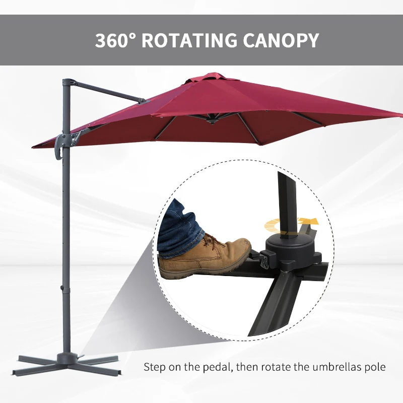 Outsunny 2.5 x 2.5m Patio Offset Parasol Umbrella Cantilever Hanging Aluminium Sun Shade Canopy Shelter 360° Rotation with Crank Handle and Cross Base, Wine Red
