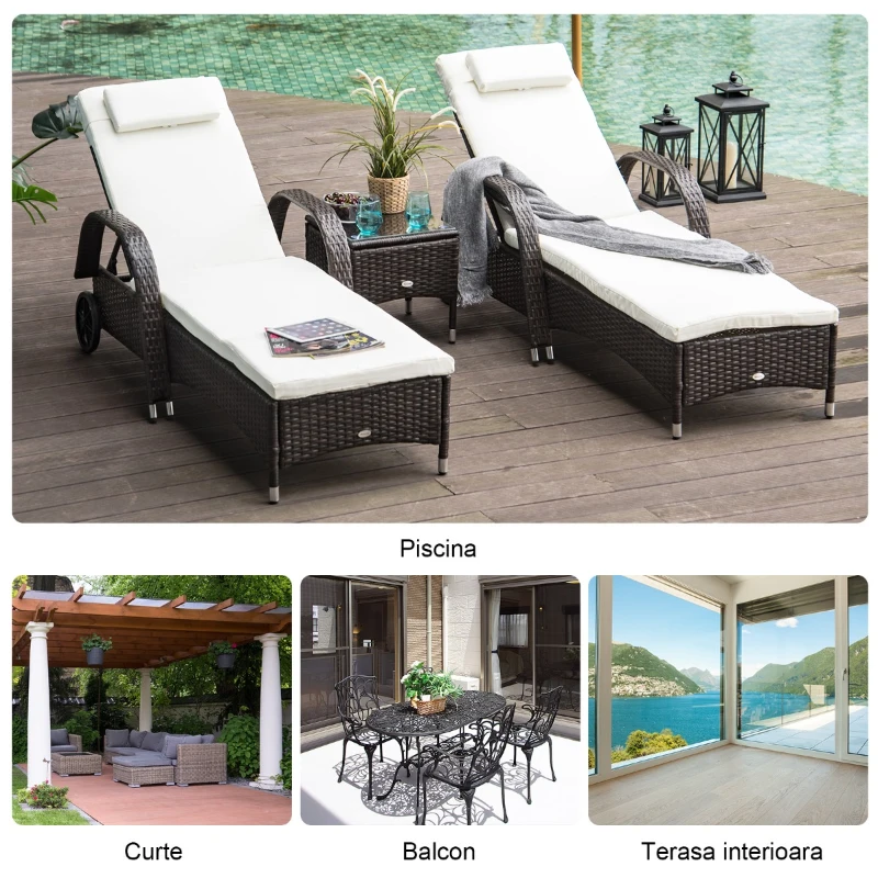 Outsunny Set in Rattan 2 Sezlonguri Scaune Rabatabile Captusite cu Roti si Masuta, Maro