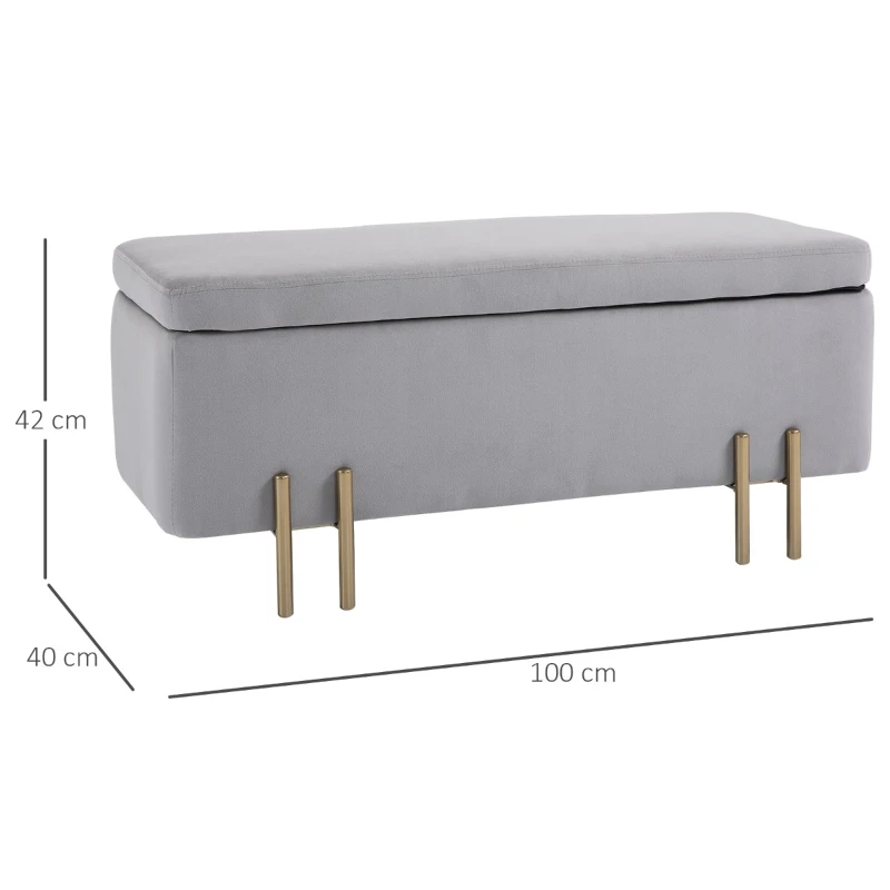 HOMCOM Bancă de Depozitare cu Șezut Tapițat și Picioare Lăcuite Aurii, 100x40x42 cm, Gri(m-3)
