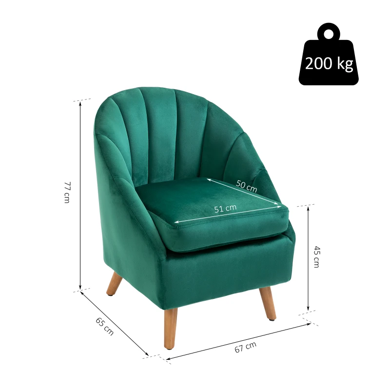 Homcom Fotoliu Verde din Catifea – Elegant cu Picioare din Lemn