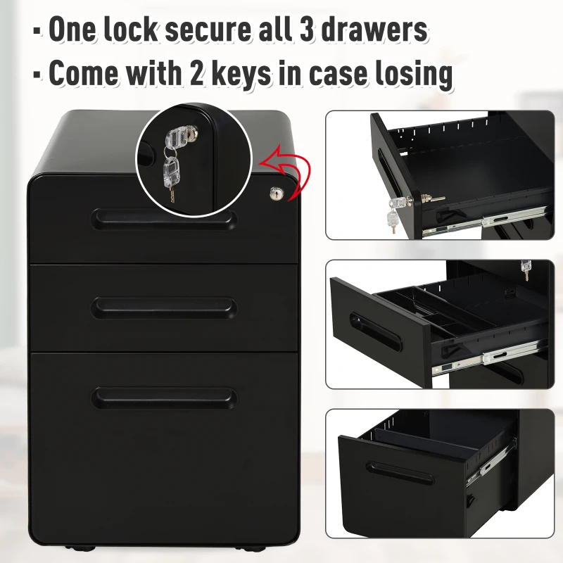 Vinsetto Lockable File Cabinet with 3 Drawers, Vertical Office Drawer for A4, Letter, Legal Size, Anti-tilt Design, Pre-Assembled Body, Black