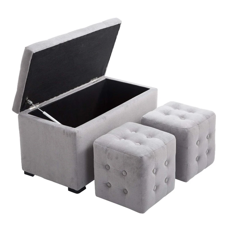HOMCOM Cufăr Multifuncțional pentru Depozitare, Pouf din catifea, Gri perlă(m-9)