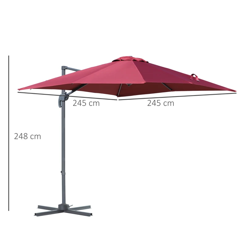 Outsunny 2.5 x 2.5m Patio Offset Parasol Umbrella Cantilever Hanging Aluminium Sun Shade Canopy Shelter 360° Rotation with Crank Handle and Cross Base, Wine Red
