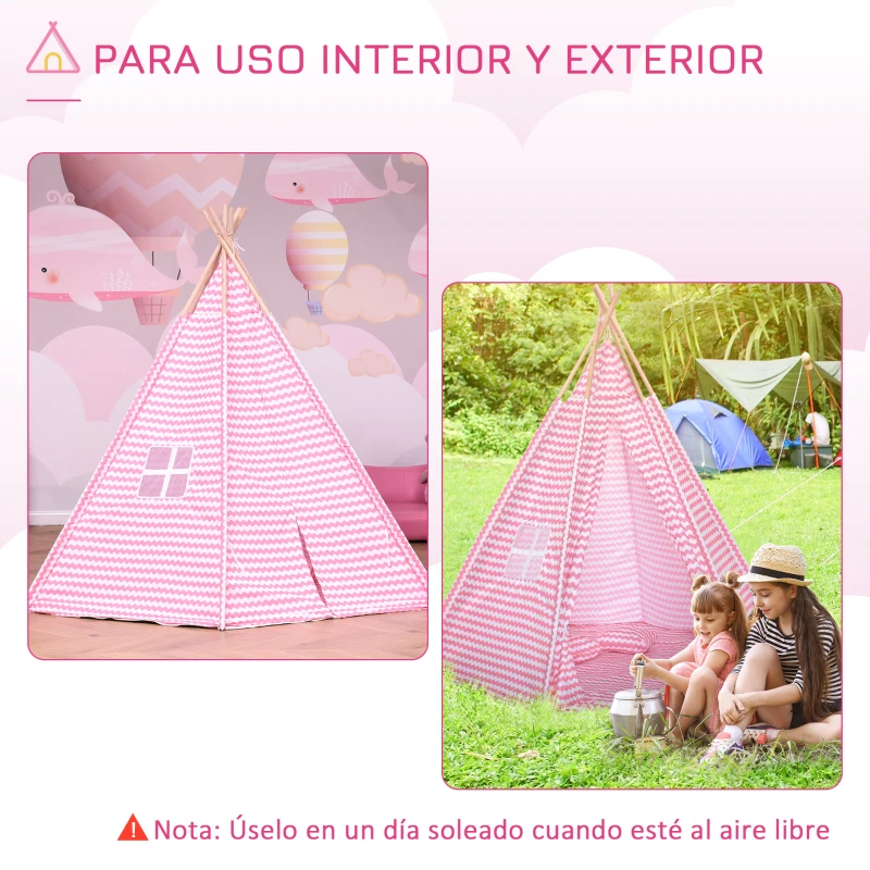 HOMCOM Tienda de Campaña para Niños Tipi Infantil Estilo Indio con Ventana Cubierta de Suelo y 2 Almohadas Bolsa de Tranporte Interior y Exterior 200x200x170 cm Rosa