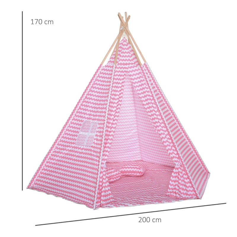 HOMCOM Tienda de Campaña para Niños Tipi Infantil Estilo Indio con Ventana Cubierta de Suelo y 2 Almohadas Bolsa de Tranporte Interior y Exterior 200x200x170 cm Rosa