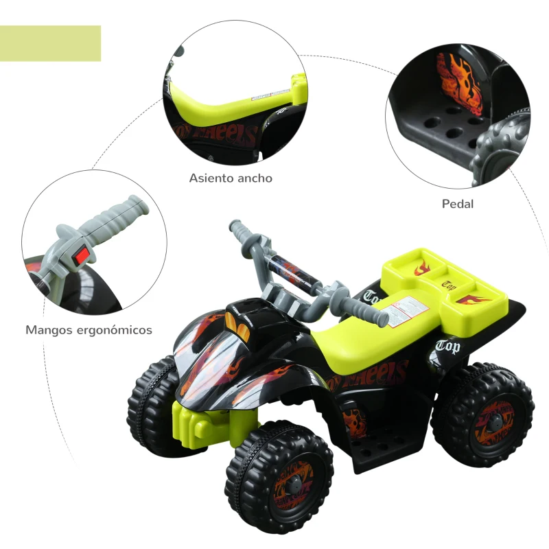 HOMCOM Quad Batería 6V Moto Eléctrica Infantil Niños +18 Meses Velocidad 2,5 Km/h Carga Máx. 20 Kg Sonido Luces y Cargador Incluido 66x43x43 cm Negro y Amarillo