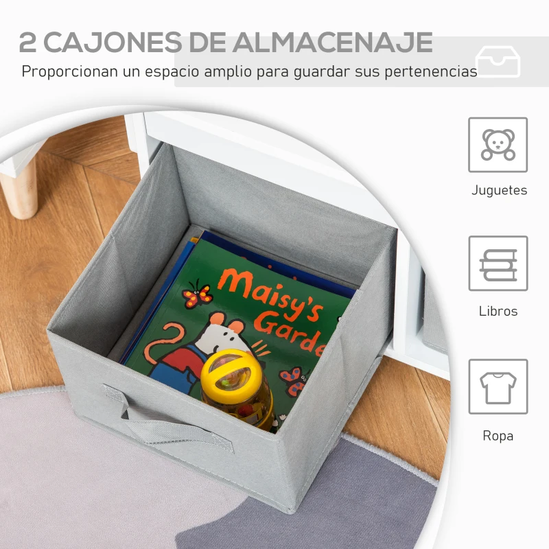 HOMCOM 2 en 1 Banco de Madera para Niños 60x43x57 cm Convertible en Escritorio Infantil 60x60x43 cm con Asiento 2 Cestos Tejidos de Almacenamiento Extraíbles Blanco