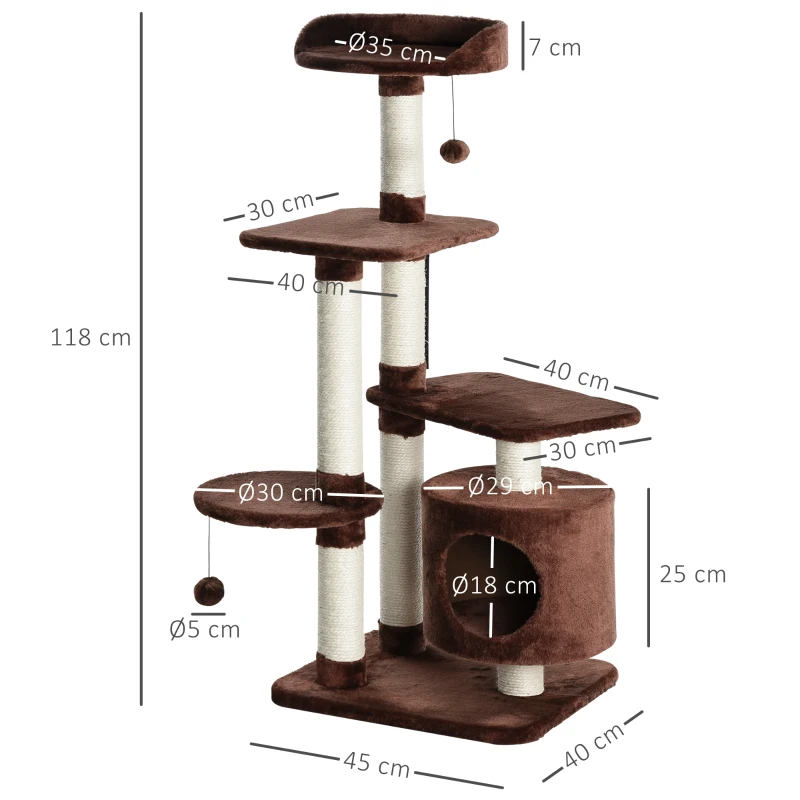 PawHut drzewo dla kotów z sizalowymi słupkami, 5-kondygnacyjne, z piłkami do zabawy, jaskinia, plusz, ciemnozielony 45 x 40 x 118 cm