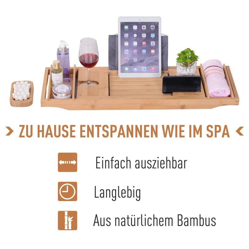 kleankin® Badewanne Badewannenregal Badewannenablage größenverstellbar Bambus Natur (73,5–108) x 17 x 5 cm