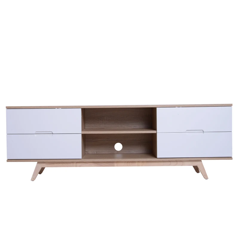 HOMCOM® Fernsehtisch mit 4 Schubladen und 2 Ablagen | TV-Board | 150 x 40 x 50 cm | Weiß, Eiche