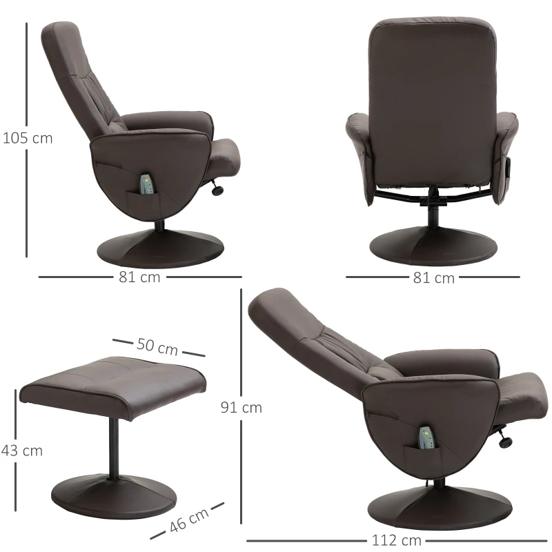 HOMCOM Massagesessel mit Fußhocker | Heizfunktion | 145° Neigung | 81 x 81 x 105 cm | Braun
