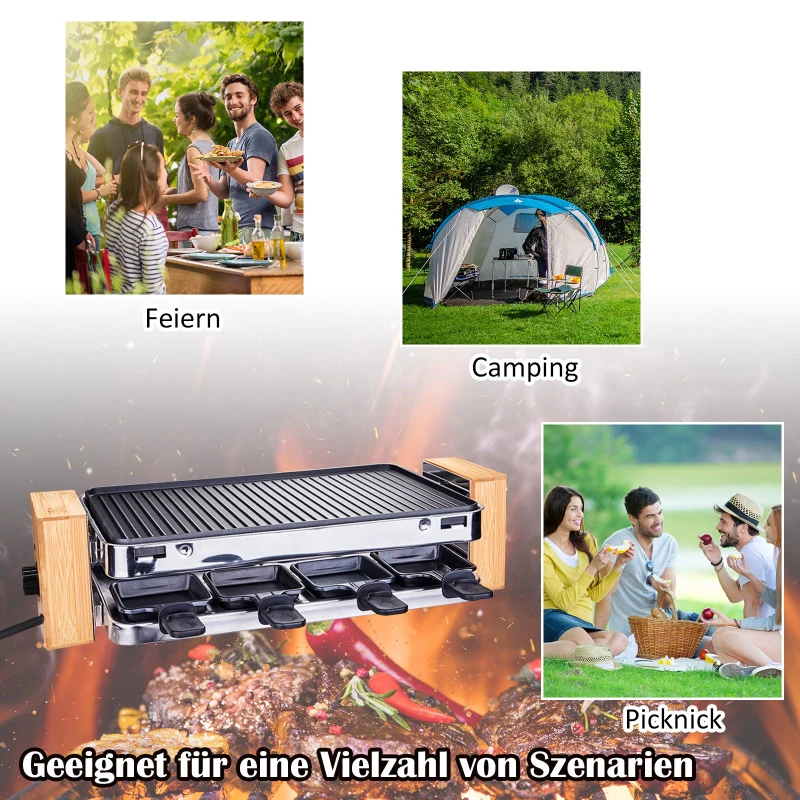 HOMCOM® Elektrogrill 2 Ebenen BBQ Tischgrill 1500 W Partygrill 8 Pfännchen Metall Bambus