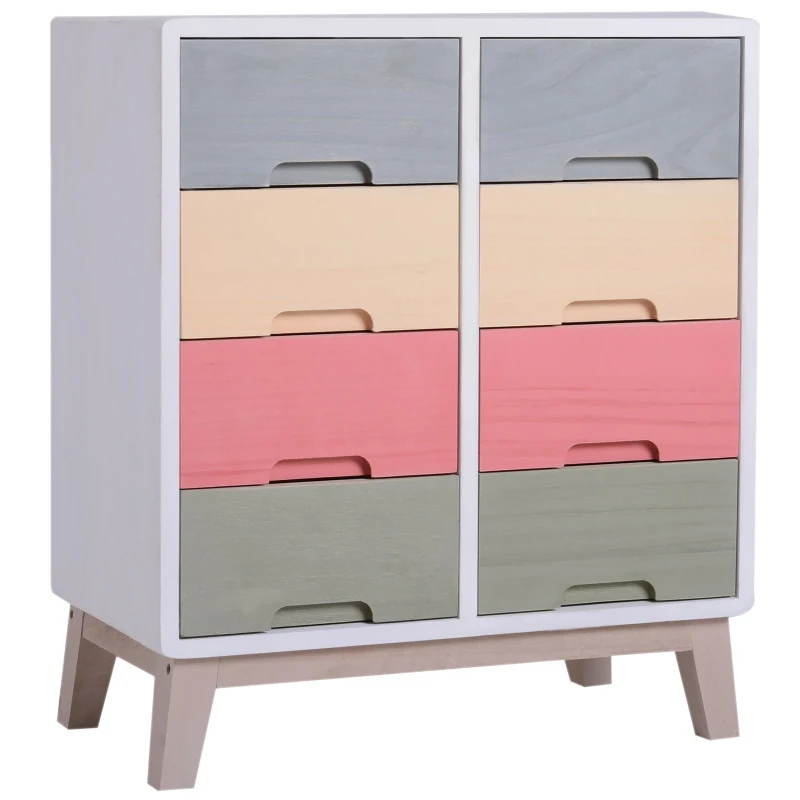HOMCOM® Nachttisch Nachtkommode Flurkommode mit 8 Schubladen Paulownienholz bunt 55 x 30 x 65,5 cm