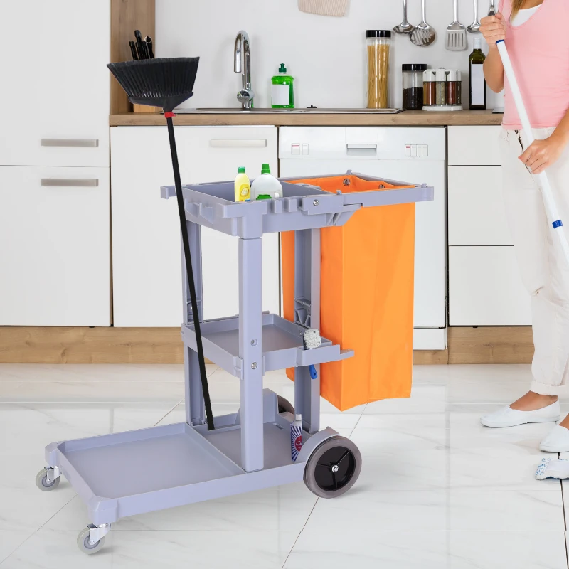 HOMCOM® Putzwagen Systemwagen 3 Ablagen mit Abfallsack Grau