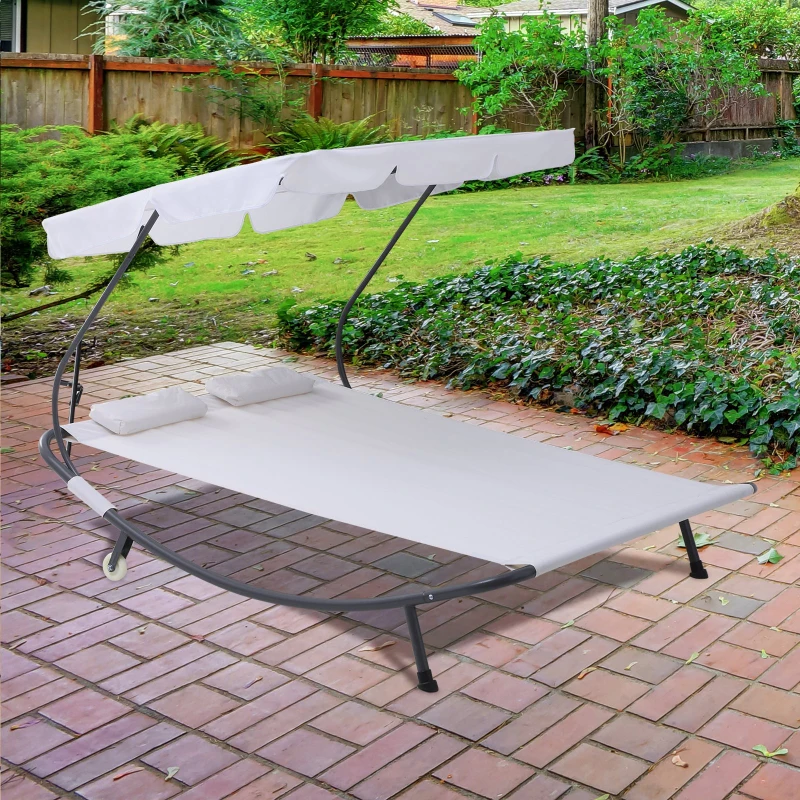 Outsunny® Doppelliege Sonnenliege 2er-Gartenliege  rollbar mit Dach Stahl Cremeweiß