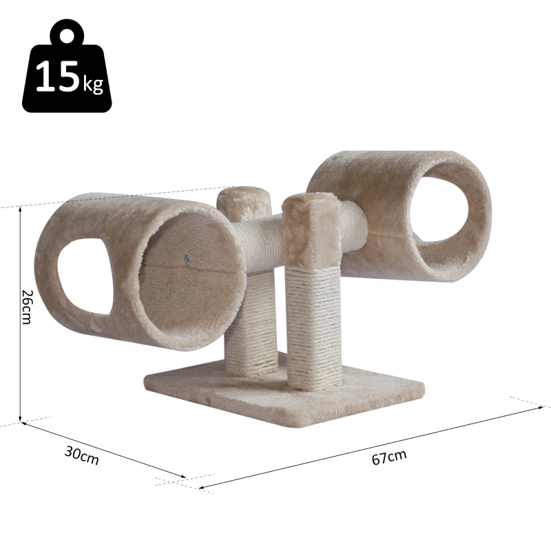 PawHut® Kratzbaum Katzenbaum Spielbaum Wippe 2 Tunnel mit Loch Beige L67 x B30 x H26 cm