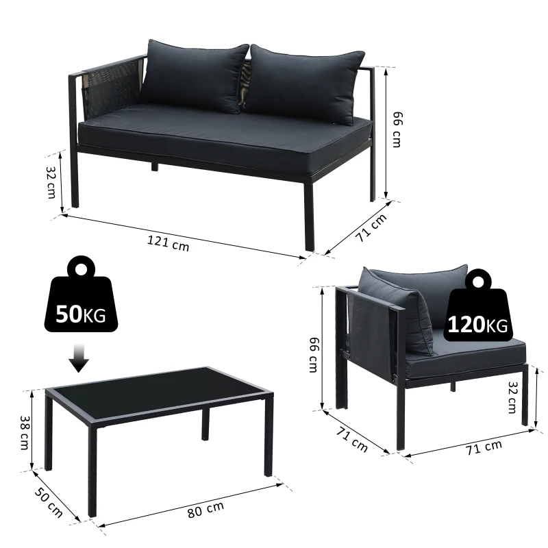 Outsunny® 4-tlg. Gartengarnitur Gartensofaset Sitzgruppe Gartenmöbel Schwarz 2 x Doppelsofa 1 x Ecksofa 1 x Beistelltisch Kissen für 5–7 Personen