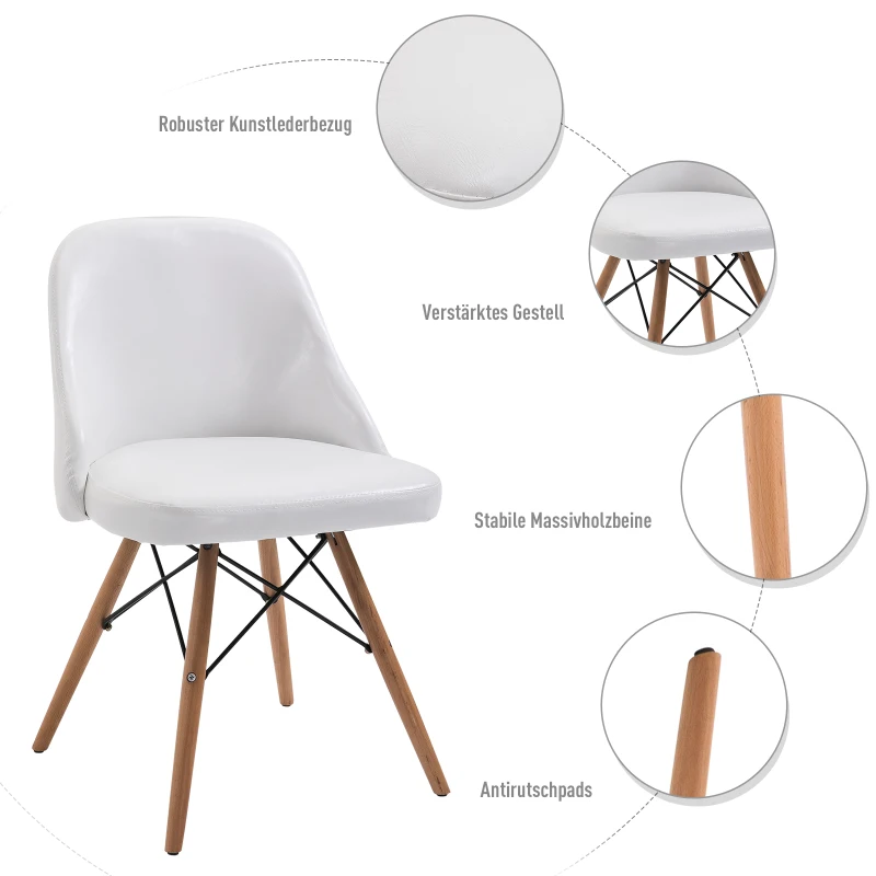 HOMCOM® 2er-Set Polsterstuhl Stuhl PU + Metall + Buchenholz Weiß 49 x 47,5 x 76 cm